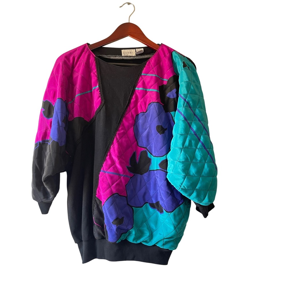 Vintage Bonnie & Bill Quilted puffer floral Sweater 80s Magenta Black size large